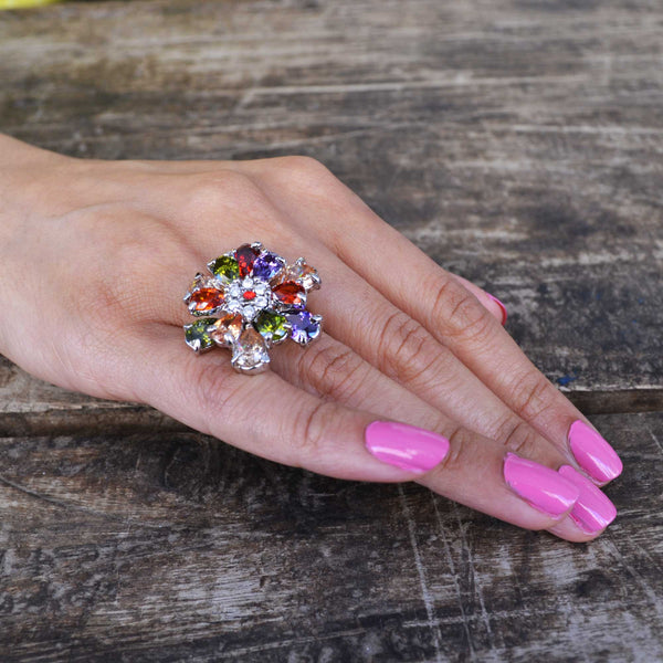Rhinestone Flower Cocktail Ring - One Size 6.5