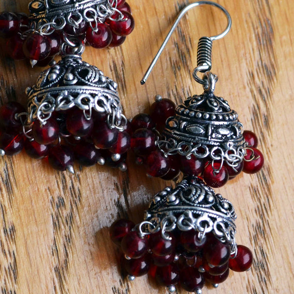 Double Layer Black Metal Jhumka Earrings in marsala wine - Naadz Jewelers