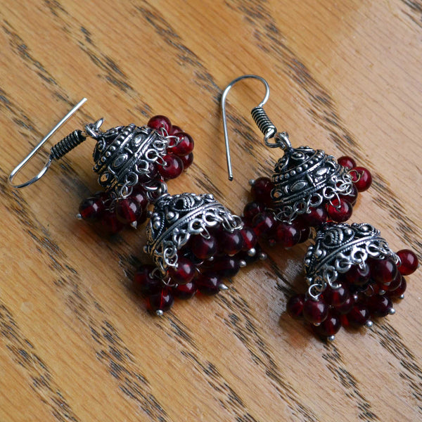 Double Layer Black Metal Jhumka Earrings in marsala wine - Naadz Jewelers